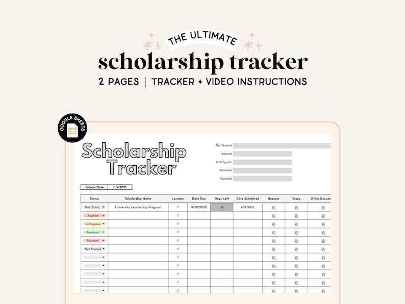May include: A Google Sheets spreadsheet template for tracking scholarships. The spreadsheet includes columns for scholarship name, location, due date, days left, date submitted, resume, essay, other documents, and status. The status column has options for "Not Started", "Applied", "In Progress", "Received", and "Rejected".