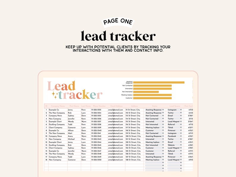 Puede incluir: Una hoja de c&aacute;lculo digital de seguimiento de clientes potenciales con un encabezado colorido y una lista de empresas, informaci&oacute;n de contacto y estado de los clientes potenciales. La hoja de c&aacute;lculo incluye columnas para el nombre de la empresa, el nombre del contacto, el n&uacute;mero de tel&eacute;fono, la direcci&oacute;n de correo electr&oacute;nico, la direcci&oacute;n, la ciudad, el estado, el c&oacute;digo postal, la fuente del cliente potencial y el estado del cliente potencial. La hoja de c&aacute;lculo est&aacute; organizada por nombre de la empresa e incluye una representaci&oacute;n visual del estado del cliente potencial.