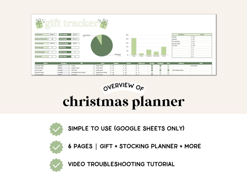 May include: A green and white graphic with the text "gift tracker" and "OVERVIEW OF christmas planner". Below the text are three green checkmarks with the text "SIMPLE TO USE (GOOGLE SHEETS ONLY)", "6 PAGES | GIFT + STOCKING PLANNER + MORE", and "VIDEO TROUBLESHOOTING TUTORIAL".