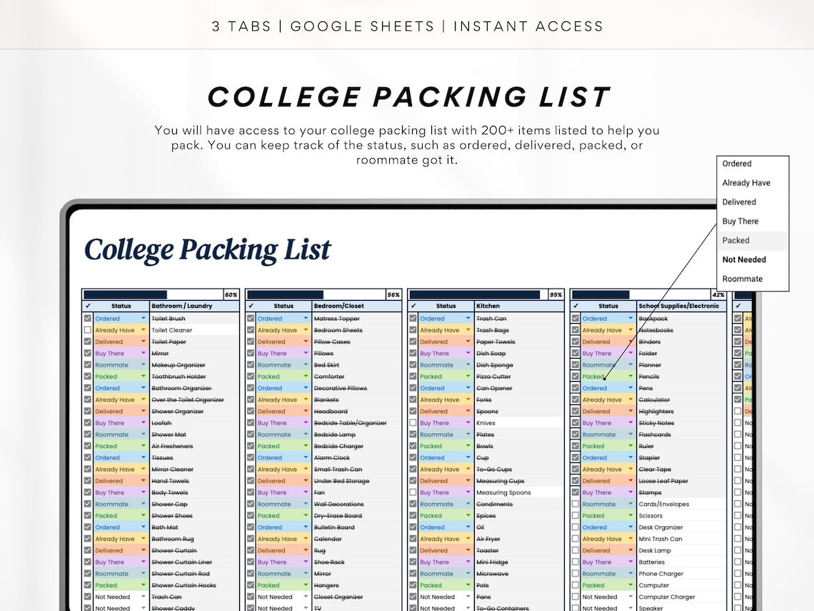 College move in checklist college move in spreadsheet dorm