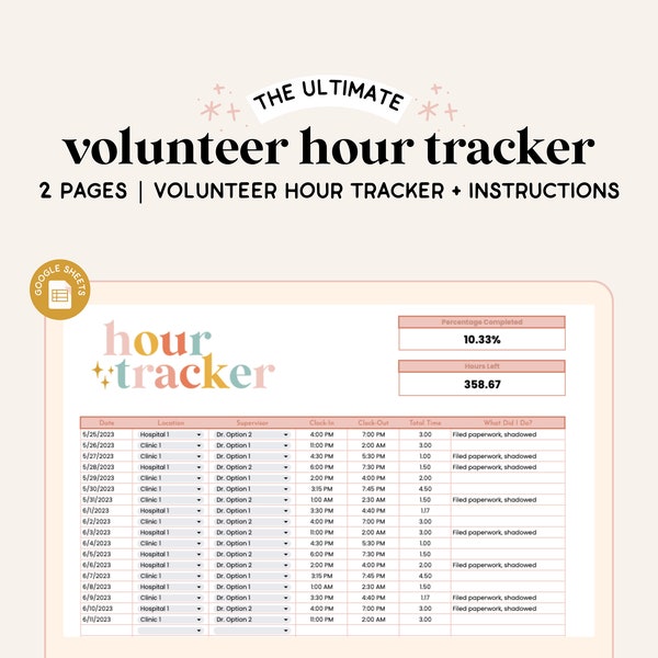 Shadowing Log Tracker | Clinical Supervision Hour Tracker | Internship Tracker | Volunteer Hour Log | Google Spreadsheet | Hour Tracker