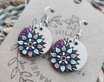 Mandela, Floral, Handpainted Earrings, Dangle Earrings, Wooden Laser Engraved, Gift for Her, Boho, Whimsical Earrings