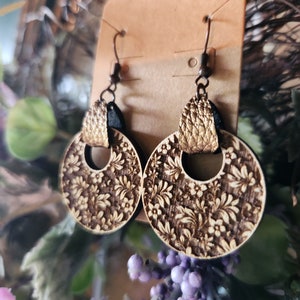 Dangle Earrings, Wooden, Laser Engraved, Birthday Gift for Her, Floral Earrings, Damask, Handpainted, Mother&#39;s Day Gift, Gift For Mom