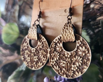 Dangle Earrings, Wooden, Laser Engraved, Fall Birthday Gift, Floral Earrings, Damask, Handpainted, Fall Earrings, Gift For Mom, Leather