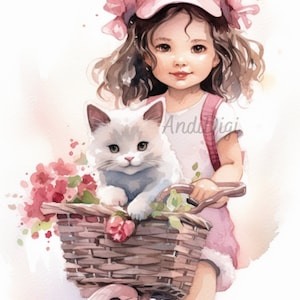 Girl on Bike With Kitty, Cute Decor, Print on Demand, Digital Image, Poster Decor, Wall Decor, Children&#39;s Room Decor, Nursery Decor