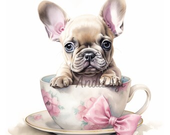 French Bulldog Puppy in a Tea Cup, Cute Dog .PNG, French Bulldog Clipart