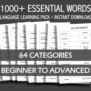 May include: A black and white image of a set of flashcards with the text "1000+ ESSENTIAL WORDS" and "64 CATEGORIES BEGINNER TO ADVANCED". The flashcards are divided into categories, such as "Internet", "Shopping", and "Active".