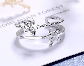 Beautiful Crystal Flower Adjustable Open Ring 925 Sterling Silver Women Girls Jewellery Collection Gift UK