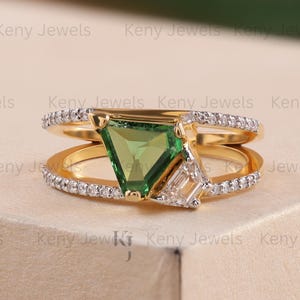 Trillion Cut Green Tourmaline Ring Geometric Diamond Band Unique 18K Yellow Gold Statement Jewelry, Anniversary Proposal Gift For Girlfriend