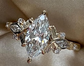 Marquise Cut Moissanite Engagement Ring Nature Inspired Leaf Branch Wedding Ring 14K Gold Butterfly Bridal Ring Unique Anniversary Gifts Her