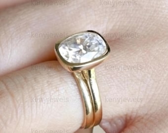 14K Solid Gold Elongated Cushion Moissanite Engagement Ring Set, Bezel Dainty Bridal Sets, Anniversary Gift For Wife Solitaire Handmade Ring