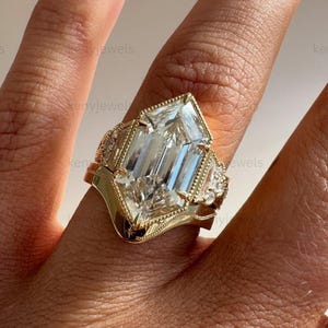 Elongated Hexagon Cut Moissanite Engagement Ring Set 14K Yellow Gold Art Deco Wedding Ring Vintage Chevron Stacking Bridal Set Gifts for Her