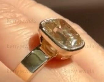 3CT Cushion Cut Champagne Diamond Ring, Bezel Set Moissanite Engagement Ring, Wide Cigar Band, 14k Solid Gold Yellow Citrine Ring for Women