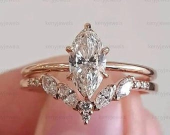 Marquise Engagement Ring Set Rose Gold Marquise Cut Bridal Set Curved Chevron Wedding Band, Classic Wedding Ring Set For Women Proposal Ring