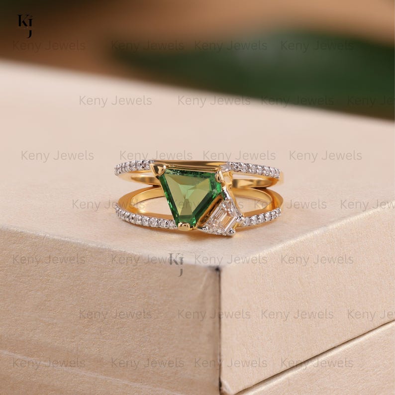 Trillion Cut Green Tourmaline Ring Geometric Diamond Band Unique 18K Yellow Gold Statement Jewelry, Anniversary Proposal Gift For Girlfriend