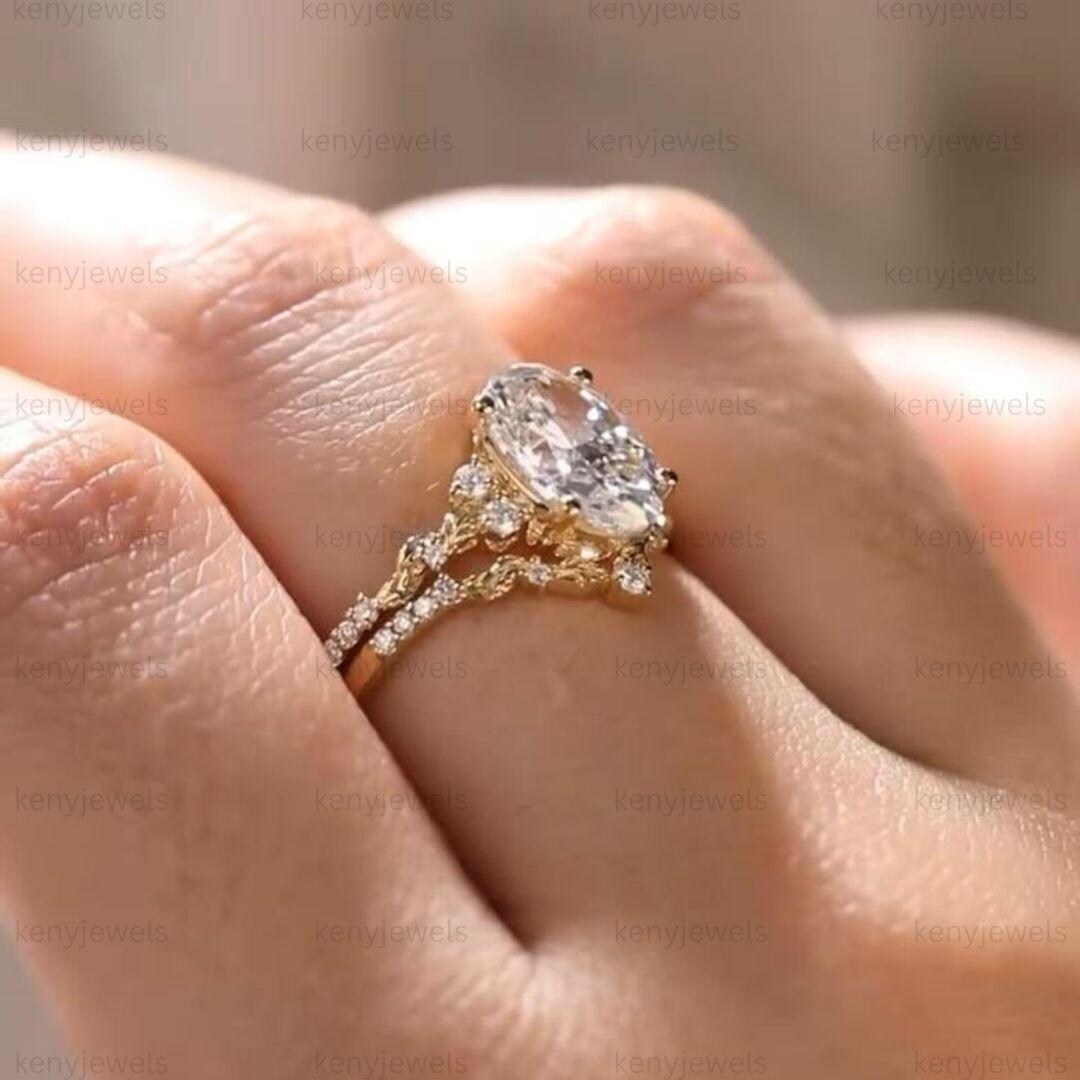 Vintage Oval Moissanite Engagement Ring Set 14K Yellow Gold Nature ...