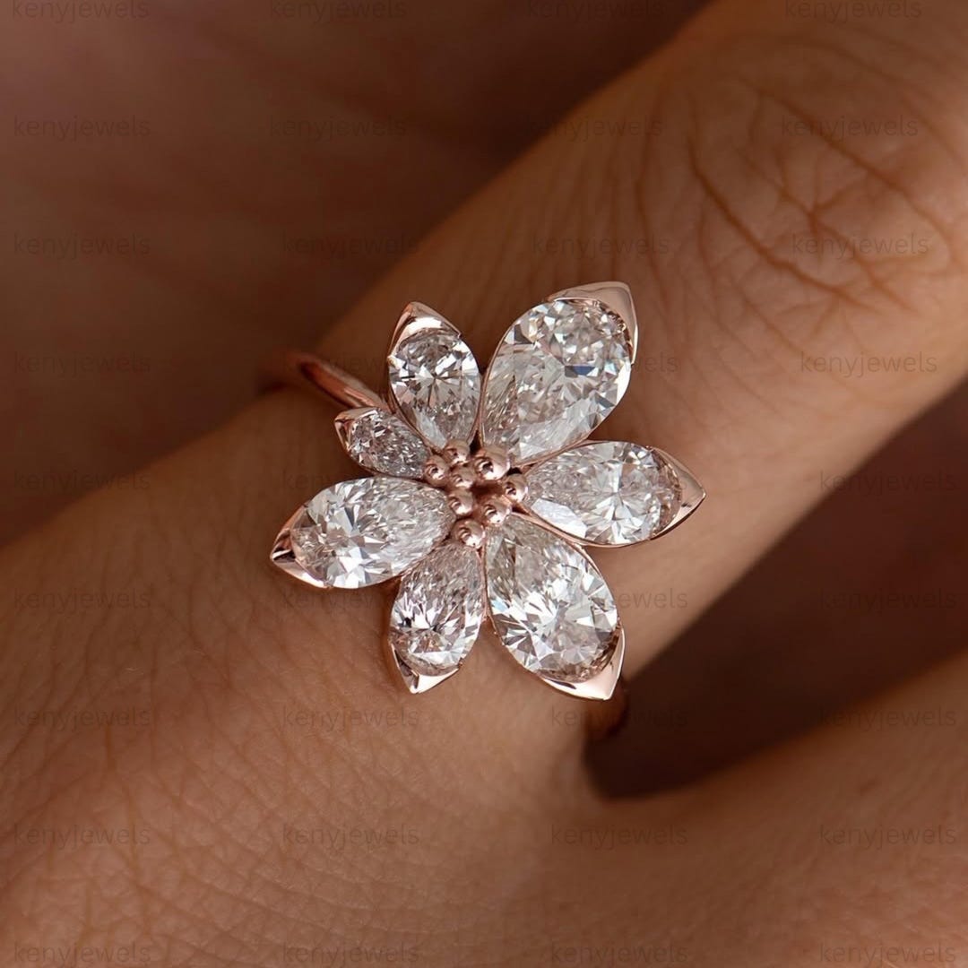 Pear Cut Moissanite Diamond Flower Engagement Ring, Cluster Floral Pear ...