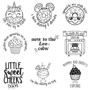 May include: Black and white line art illustrations of baked goods and desserts. Designs include a unicorn donut, a Mickey Mouse donut, a cupcake, an ice cream sundae, and a cupcake in an oven. Text includes phrases like "I love Disney & donuts" and "Little Sweet Cheeks."