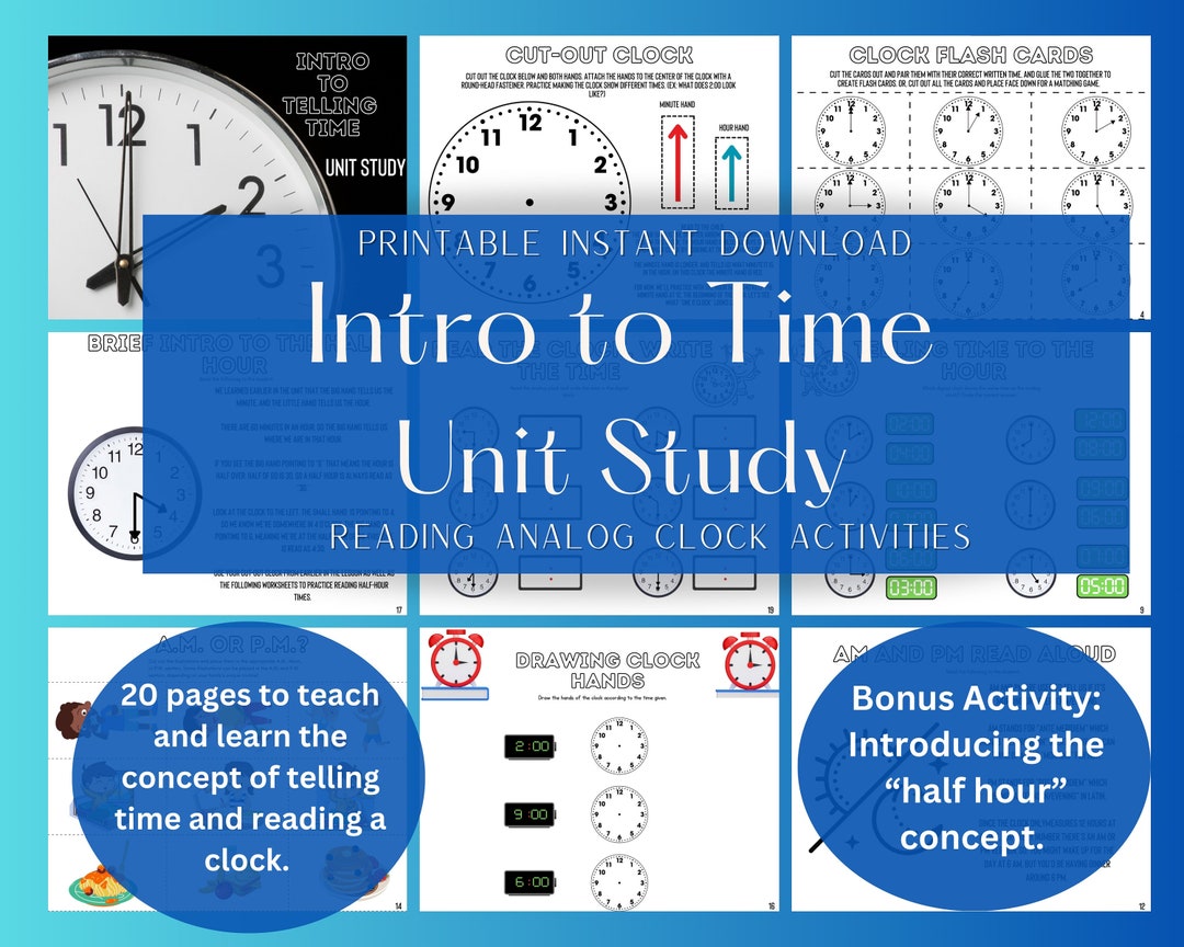 Telling Time Unit Study and Activity Set, Learn to Read a Clock, Tell