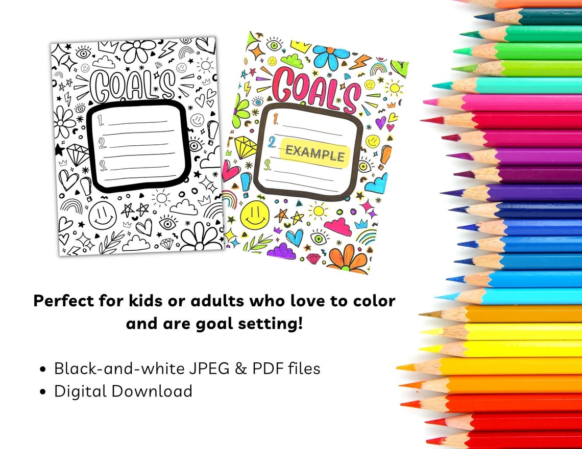 Goal Setting Coloring Page for Kids or Adults Digital Download PDF and