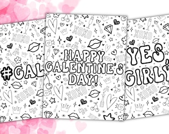 Puede incluir: Página para colorear imprimible en blanco y negro con un tema de Galentine's Day. La página presenta un corazón, labios, coronas, estrellas, cerezas, botellas de champán y diamantes. El texto dice "#Galentine's Day!" y "Sí, Girly".