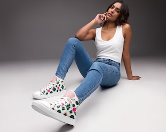 Women's Green and Pink Diamond Pattern High Top Sneakers, Two-Toned Canvas Shoes