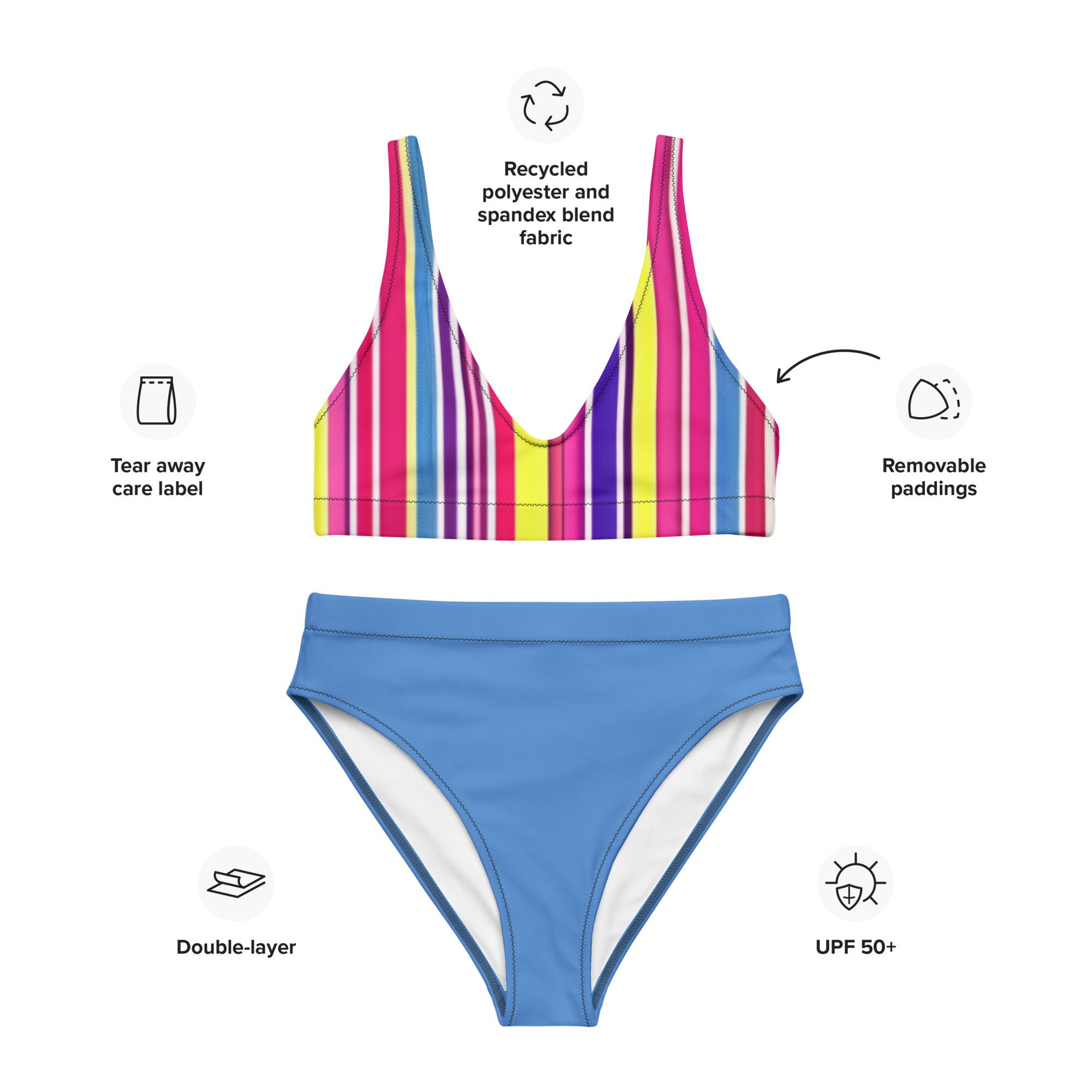 Striped Highwaisted Bikini, Recycled Swimwear, Sustainable Beachwear Striped Highwaisted Bikini, Recycled Swimwear, Sustainable Beachwear