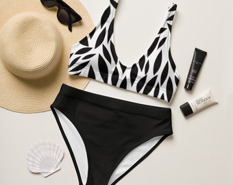 Black and White High-Waisted Bikini, Recycled Swimwear, Eco-Friendly Bathing Suit