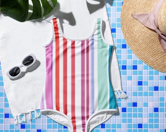 Striped Pattern Youth Swimsuit, Kids Swimwear, Beachwear, Summer Swim Gear, Girls Bathing Suit