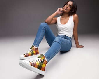 Women's Checkered High Top Canvas Shoes, Plaid Sneakers, Fashionable Footwear, Trendy Plaid Design, Stand Out in Style