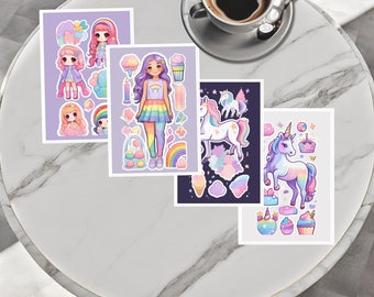 Whimsical Unicorn and Rainbow Sticker Set, Pack of 4 Kiss Cut Vinyl Stickers, Scrapbook Decoration, Planner Decals