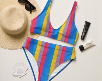 Striped Recycled High-Waisted Bikini, Sustainable Swimwear, Eco-Friendly Beachwear, Summer Fashion, Beach Essentials
