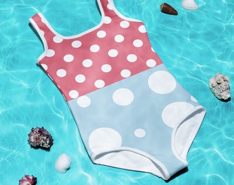 Polka Dot One Piece Girls' Swimsuit, Baby & Toddler Swimwear, Two Toned Bathing Suit, Cute Beachwear