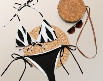 Black and White String Bikini, Recycled Materials, Sustainable Swimwear, Eco-Friendly Beachwear