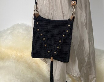 Black Crossbody bag/ crochet bag/ small crossbody bag/ tassel crossbody bag/ handmade crossbody bag/ gift for her