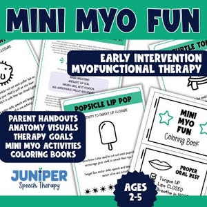 Puede incluir: Materiales educativos para terapia miofuncional de intervención temprana, que incluyen folletos para padres, visuales de anatomía, objetivos de terapia y libros para colorear. Para niños de 2 a 5 años. El diseño presenta una combinación de colores turquesa y blanco.