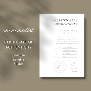 May include: A minimalist certificate of authenticity, printable, editable, and fillable. The document includes the title, artist's signature, and dimensions of the artwork, which are 36 x 36 inches.