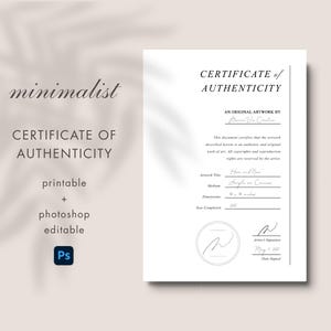 Modèle de certificat d'authenticité modifiable sous Photoshop, certificat d'authenticité d'artiste pour œuvres d'art originales, PDF modifiable et imprimable, A4/A5