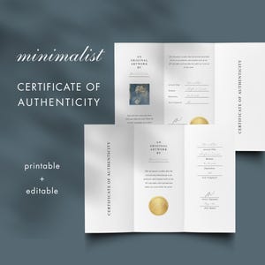 May include: A minimalist certificate of authenticity with the words "minimalist" and "CERTIFICATE OF AUTHENTICITY" in a stylish font. The certificate is printable and editable, with a gold seal and space for details.