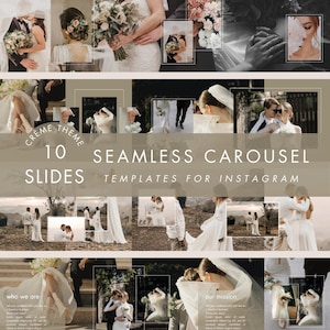 May include: A collage of wedding-themed images, featuring couples, bouquets, and bridal attire. The text reads "Crème Theme" and "10 Seamless Carousel Slides Templates for Instagram."