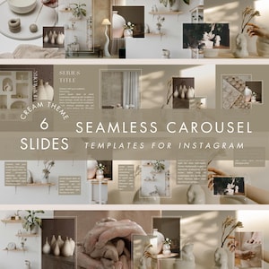 May include: A collection of images with a cream theme, designed as seamless carousel templates for Instagram. The images display vases, plants, and decorative items, with text integrated into the design. The overall style is minimalist and contemporary.