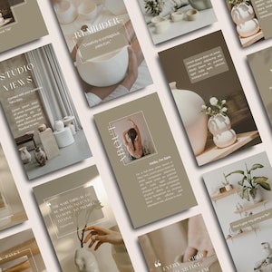 May include: A collection of social media posts with a neutral color palette. The posts feature ceramic vases, text, and images of a person. The text includes phrases like "Studio Views" and "Reminder".