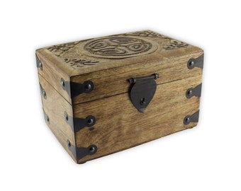 handgemachte Holztruhe Holzkiste Holzbox Schatulle Kiste aus Mangoholz keltischer Kreis Knoten Wiedergeburt Endlosigkeit Liebe Freundschaft