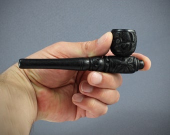 black wooden pipe with carved flower motif 13 cm with kick hole pipe made of wood tobacco pipe pure pipe