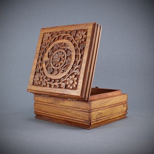 handmade wooden chest casket with flower ornaments trick box made of rosewood with velvet inlay 15 x 15 cm Handmade wooden box wooden box