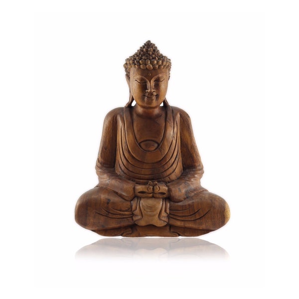 Handgefertigte Buddha Skulptur Dhyana Mudra Holzfigur Holzskulptur aus Bali 32 cm hoch groß aus Suarholz