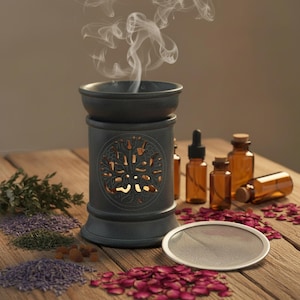 Räucherstövchen Aroma Duftlampe aus grauem Speckstein mit Schale und Sieb Baum des Lebens Lebensbaum Weltenbaum Duftstövchen Handmade