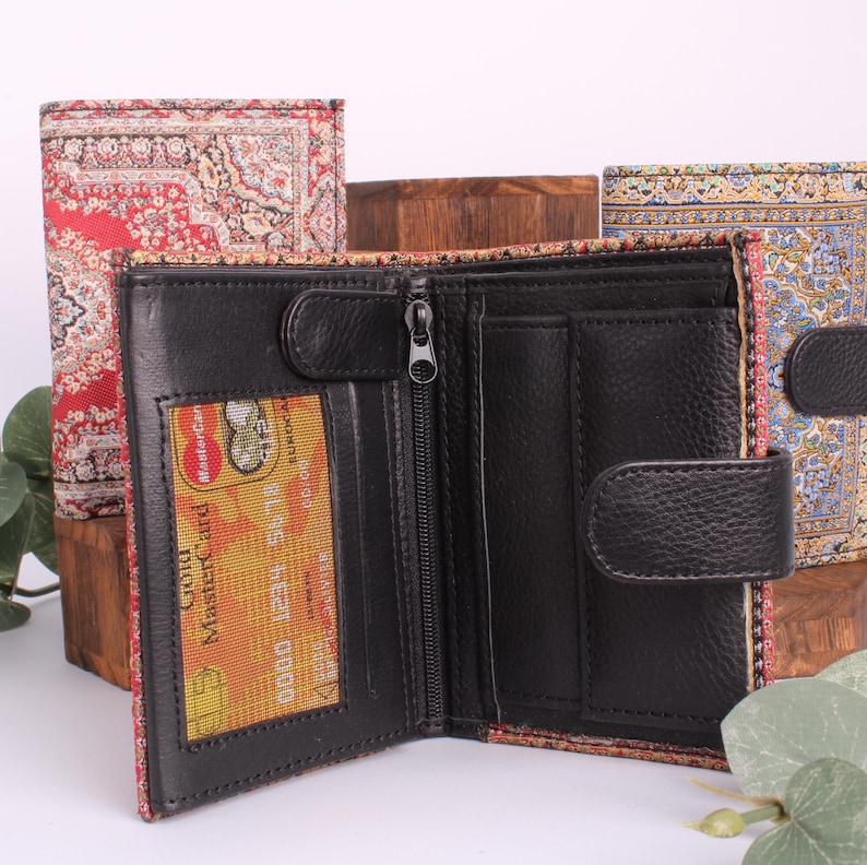 Handmade oriental wallet, purse, coin purse, bag, billfold, boho wallet, clutch, leather, fabric, Persian image 6