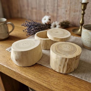 Op de afbeelding: Drie ronde houten bakjes gemaakt van natuurlijke boomstammen, met zichtbare lichtgekleurde houtnerfpatronen op de deksels en zijkanten. Twee bakjes zijn gesloten met deksels, terwijl er één open is, wat de holle binnenkant van het hout onthult.