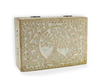 Baule in legno di mango – portagioie “Albero della vita” – scatola in legno fatta a mano, aspetto sbiancato, scatola in legno per gioielli e decorazioni